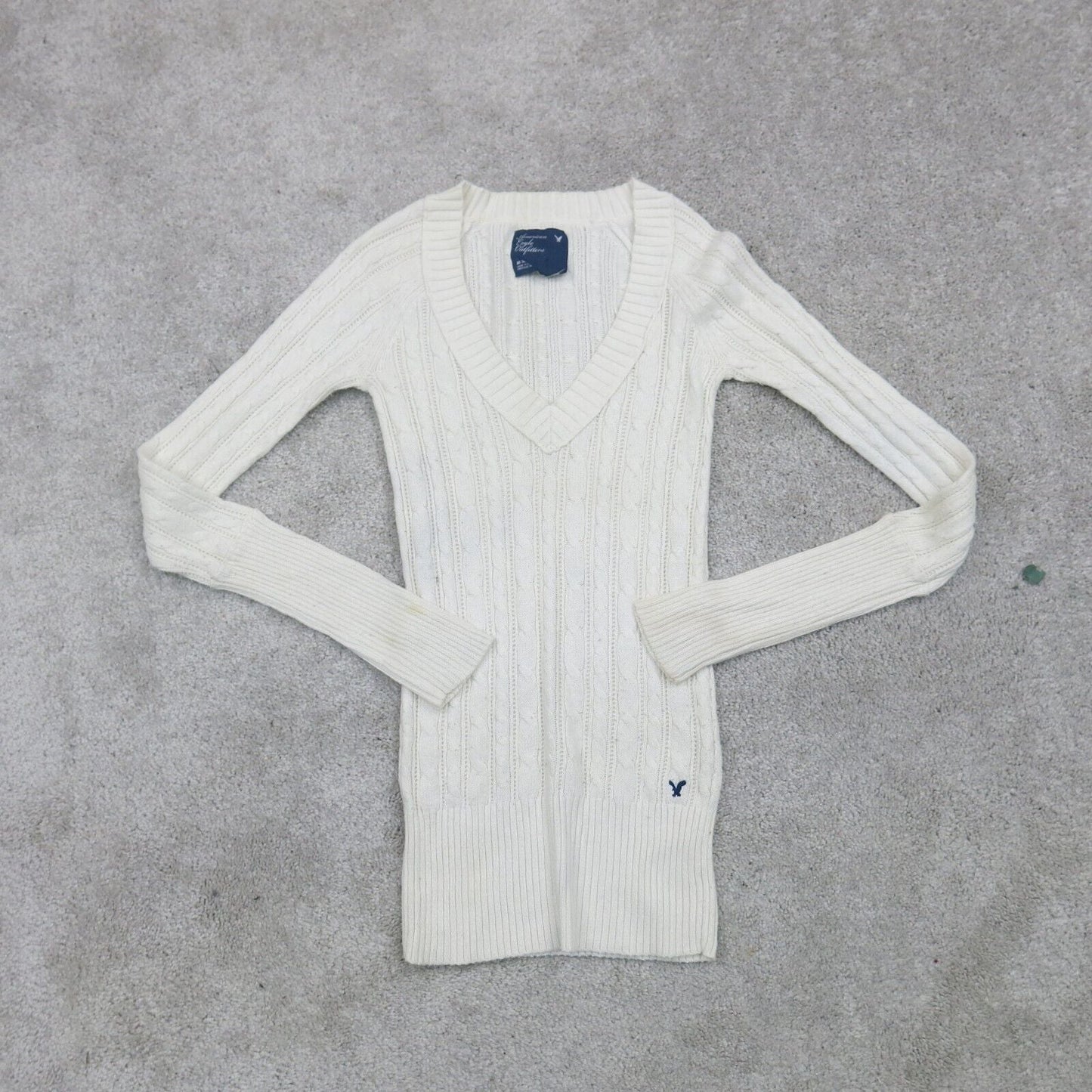 American Eagle Womens Fitted Sweater Knitted Long Sleeves Logo White Size Medium