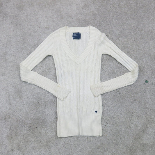 American Eagle Womens Fitted Sweater Knitted Long Sleeves Logo White Size Medium