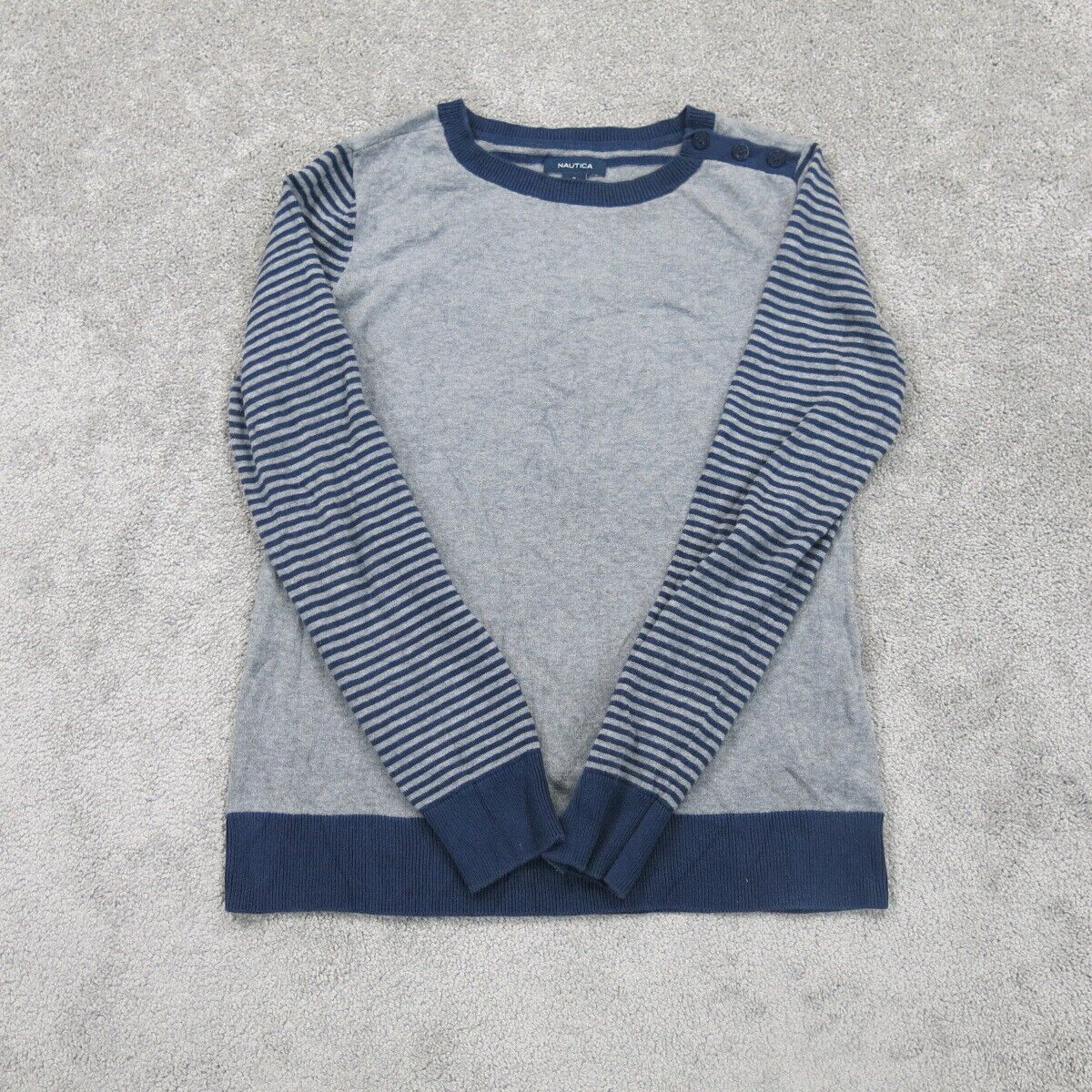 Nautica Womens Pullover Sweater Striped Long Sleeve Round Neck Gray Blue SZ S