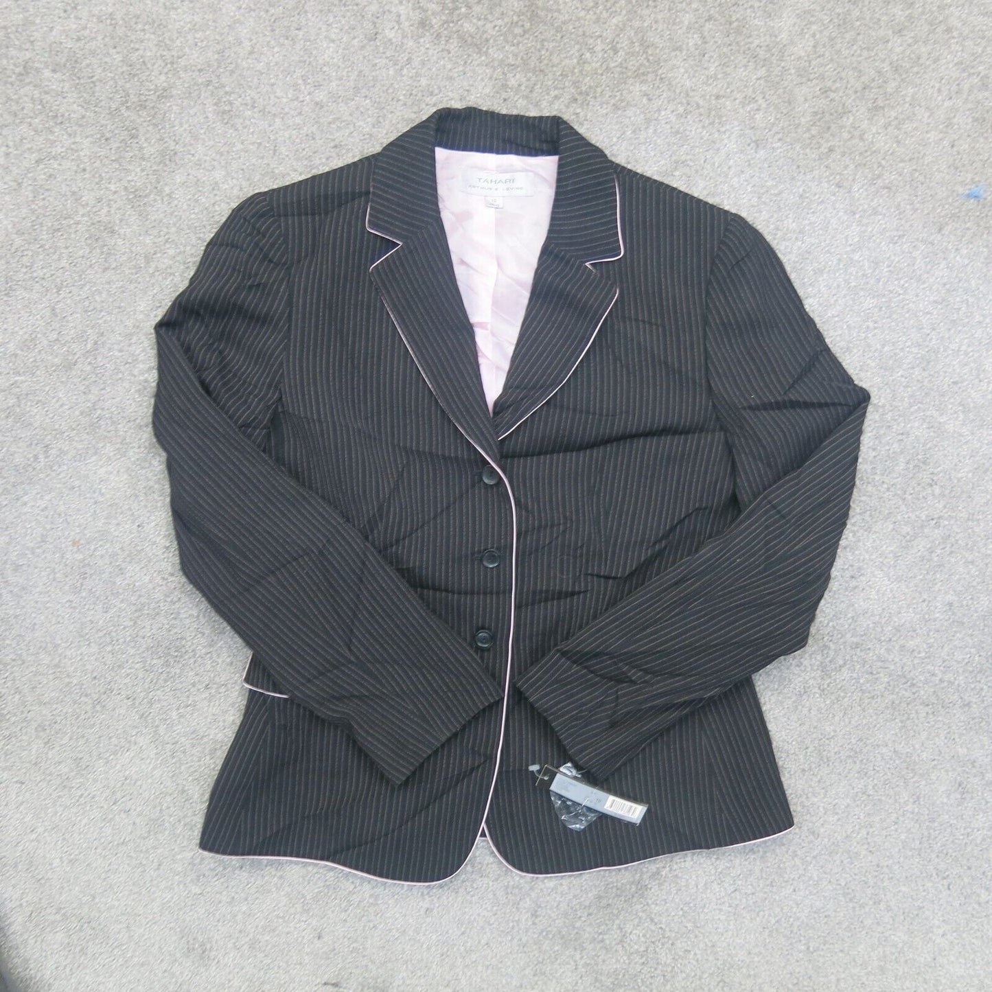Tahari Womens Blazer Coat Single Breasted Long Sleeves Pin Striped Black Size 10