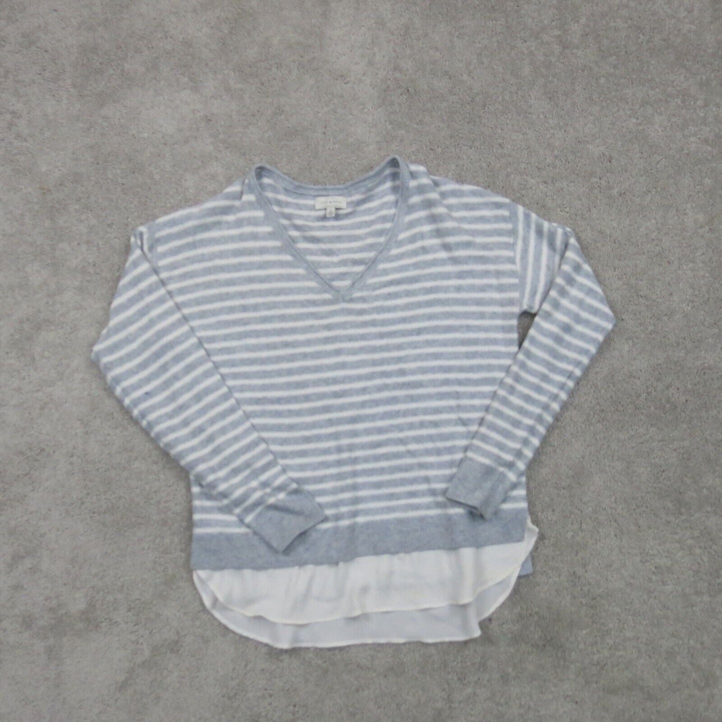 Lucky Brand Womens Sweater Knitted Striped Pullover Long Sleeves Gray White SZ M