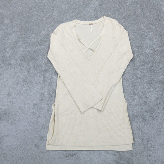 Womens Sweater Mini Dress Cross Over Neck Long Sleeve Off White Size Medium
