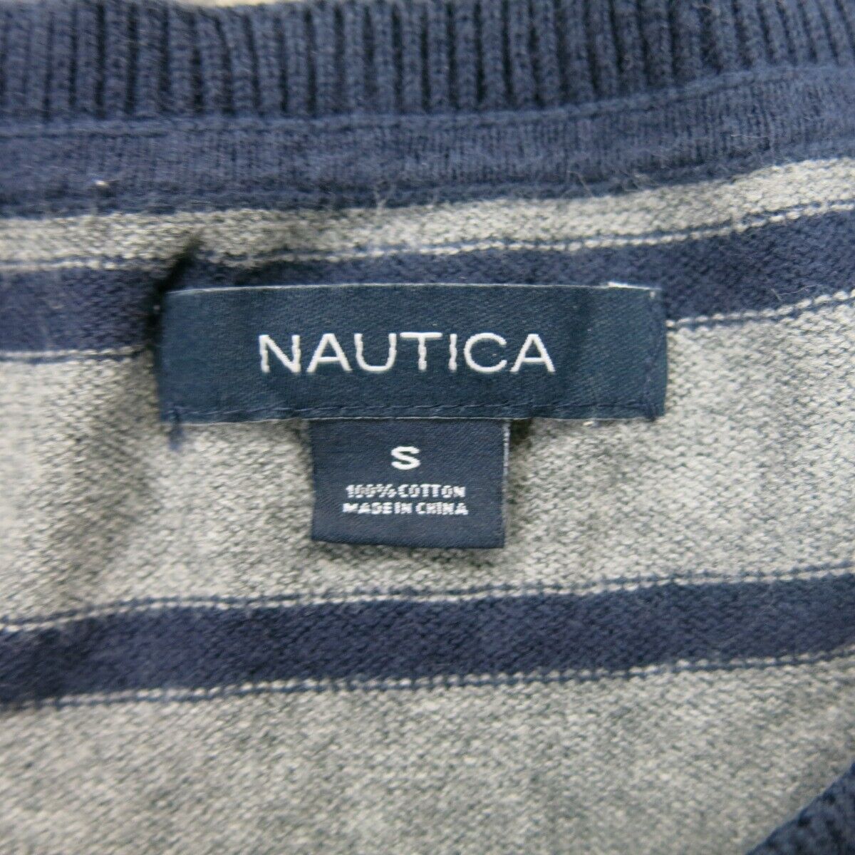 Nautica Womens Pullover Sweater Striped Long Sleeve Round Neck Gray Blue SZ S