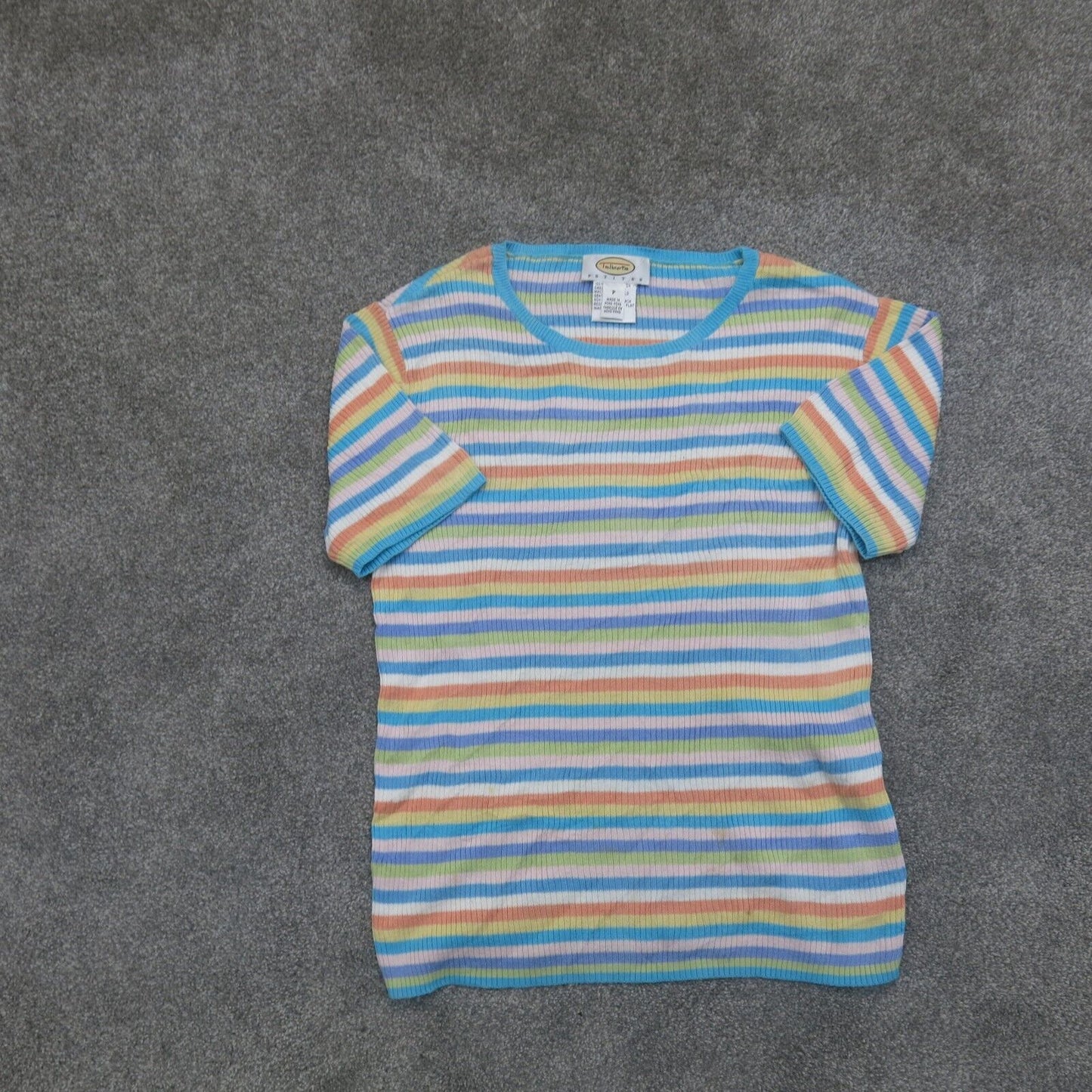 Talbots Petite Womens Pullover Sweater Striped Short Sleeves Blue White Size P
