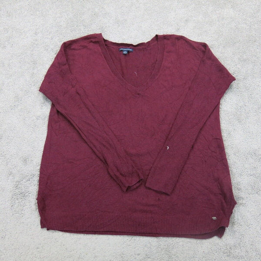 American Eagle Womens Knitted Sweater Long Sleeves V Neck Maroon Size Medium