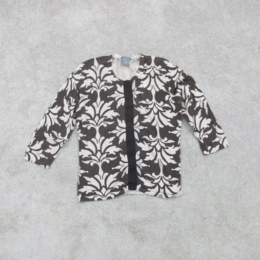 Ann Taylor Womens Knitted Cardigan 3/4 Sleeves Floral White Black Size Small