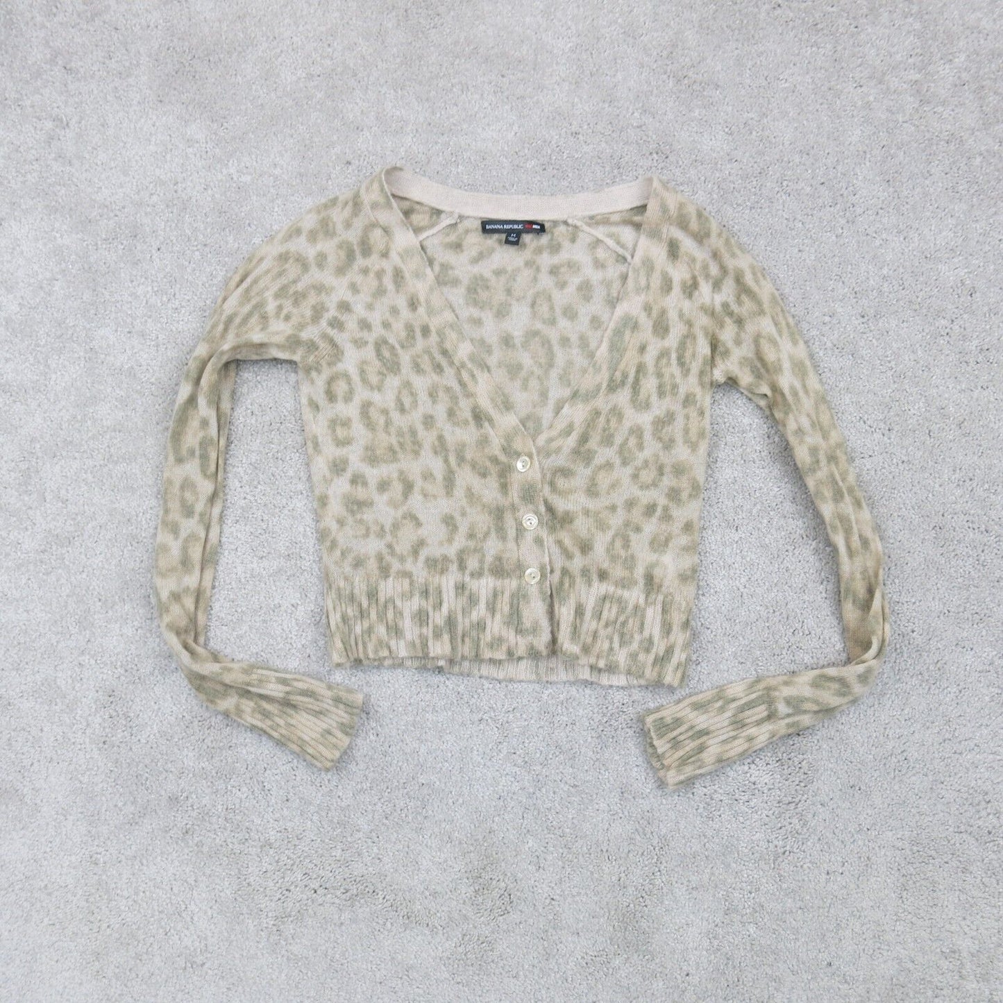 Banana Republic Womens Sweater Cardigan Front Button Leopard Print Beige Size M