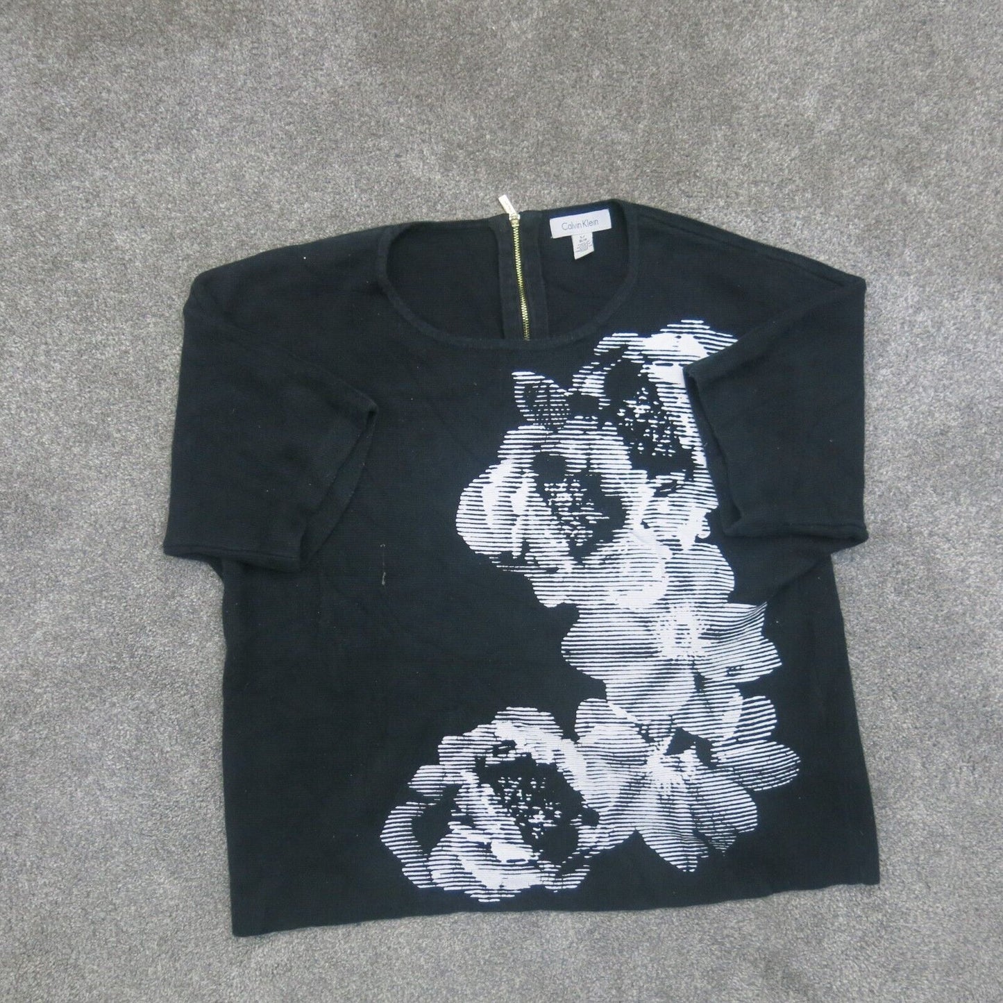 Calvin Klein Womens T Shirt Top Short Sleeves Floral Print Back Zip Black Size L