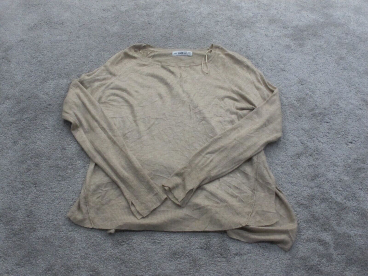 Zara Knit Womens Pullover Sweater Knitted Boat Neck Long Sleeves Beige SZ Small