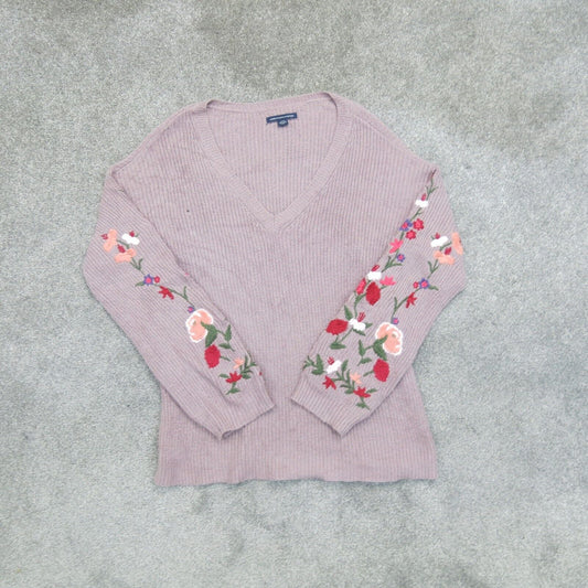 American Eagle Womens Pullover Sweater Floral Long Sleeves Nude Pink Size Small