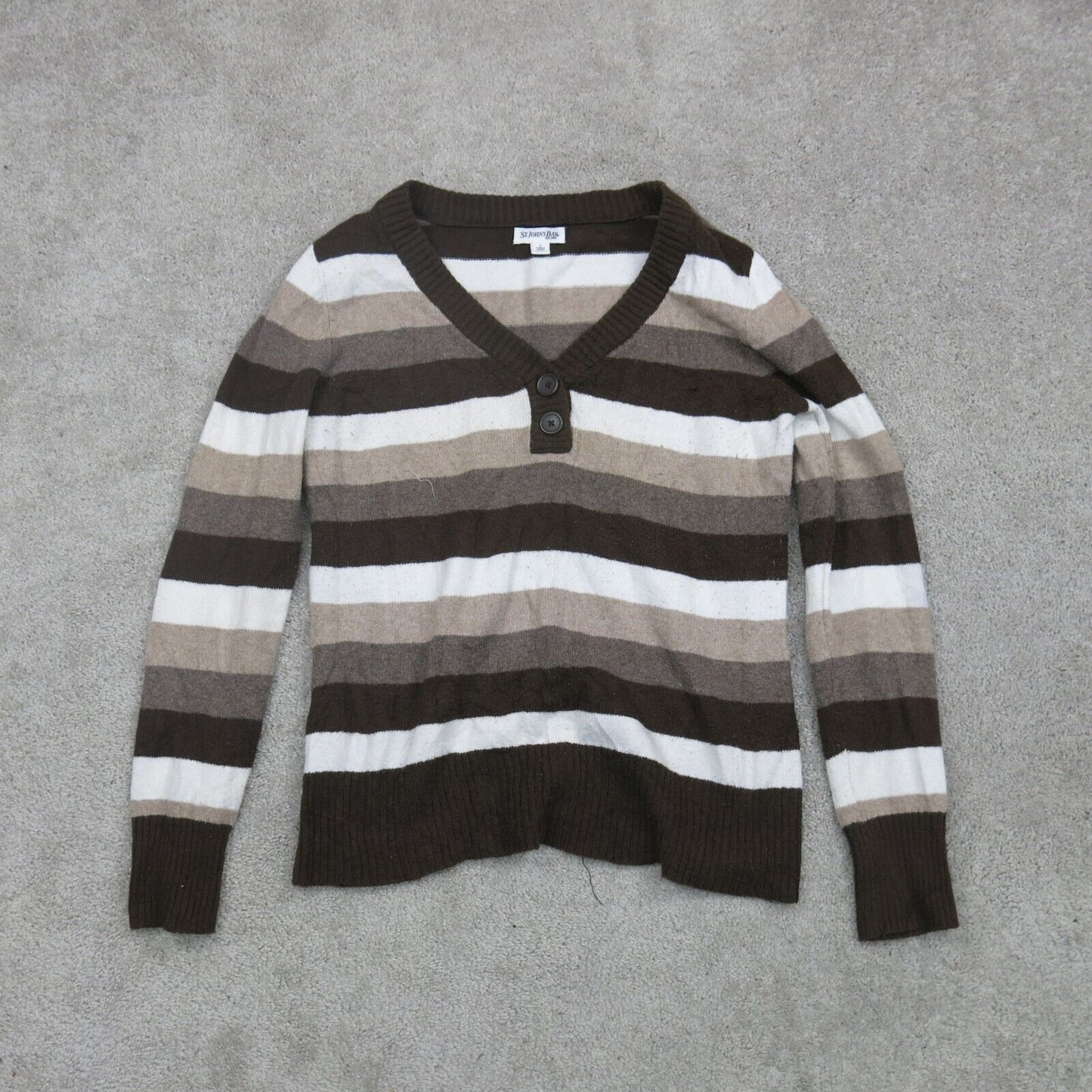 ST Johns Bay Womens Pullover Henley Sweater Striped Brown White Size Large
