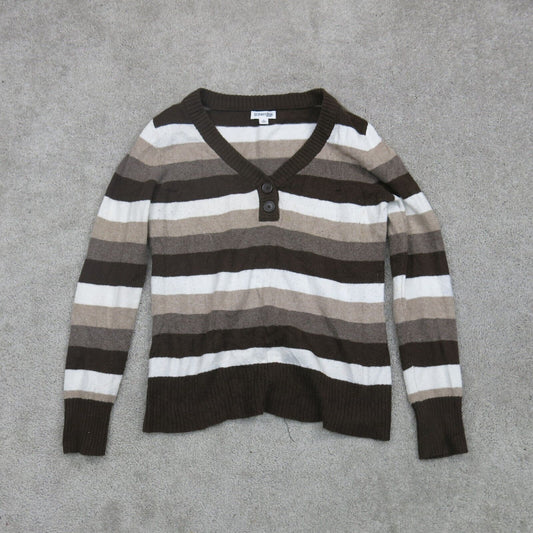 ST Johns Bay Womens Pullover Henley Sweater Striped Brown White Size Large