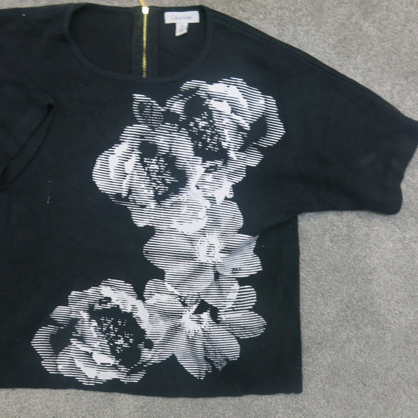 Calvin Klein Womens T Shirt Top Short Sleeves Floral Print Back Zip Black Size L