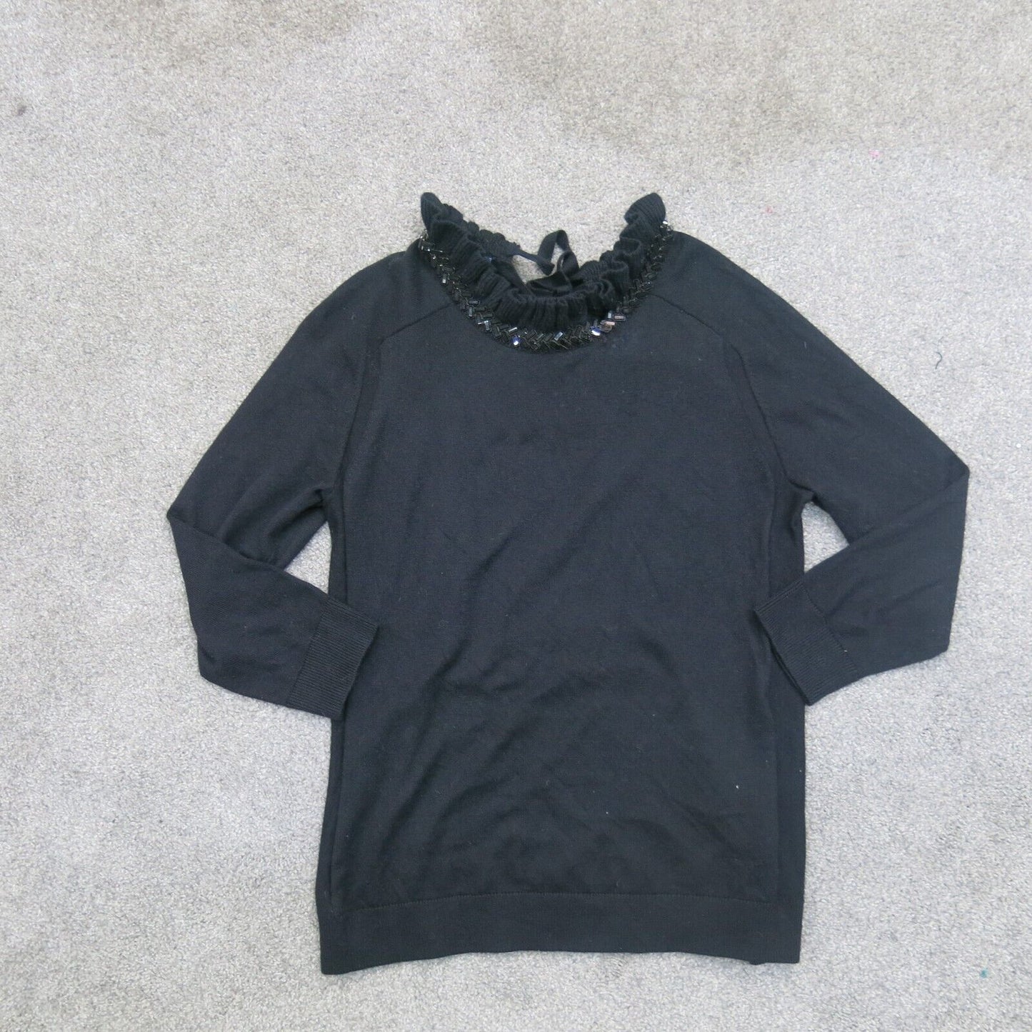 Talbots Womens Pullover Knitted Sweater Long Sleeve Ruffle Round Neck Black SZ S