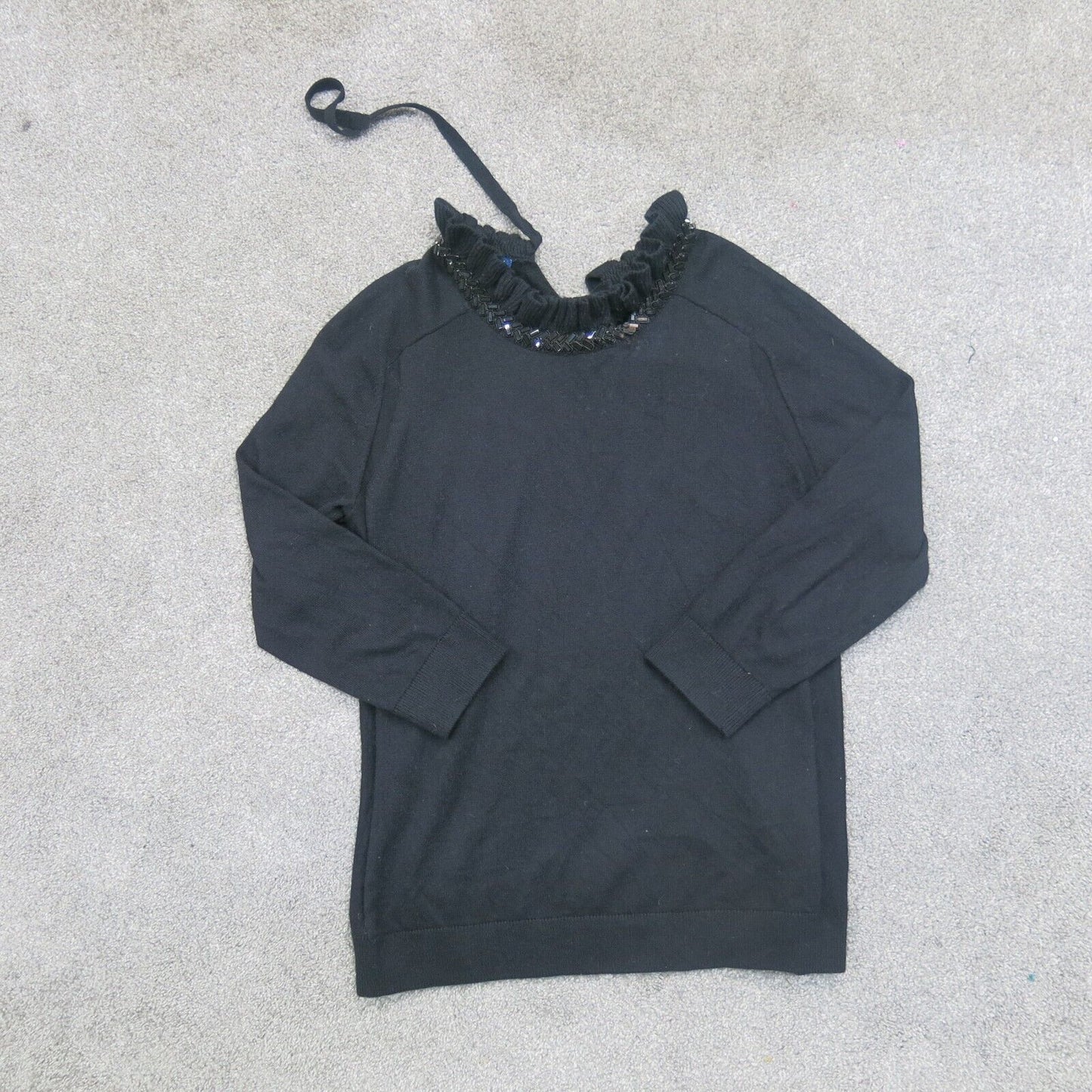 Talbots Womens Pullover Knitted Sweater Long Sleeve Ruffle Round Neck Black SZ S