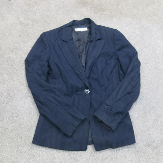 Tahari Womens Blazer Coat Long Sleeves Single Breasted Pockets Navy Blue Size 8