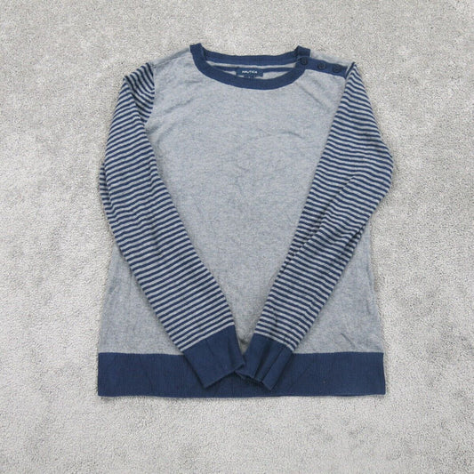 Nautica Womens Pullover Sweater Striped Long Sleeve Round Neck Gray Blue SZ S