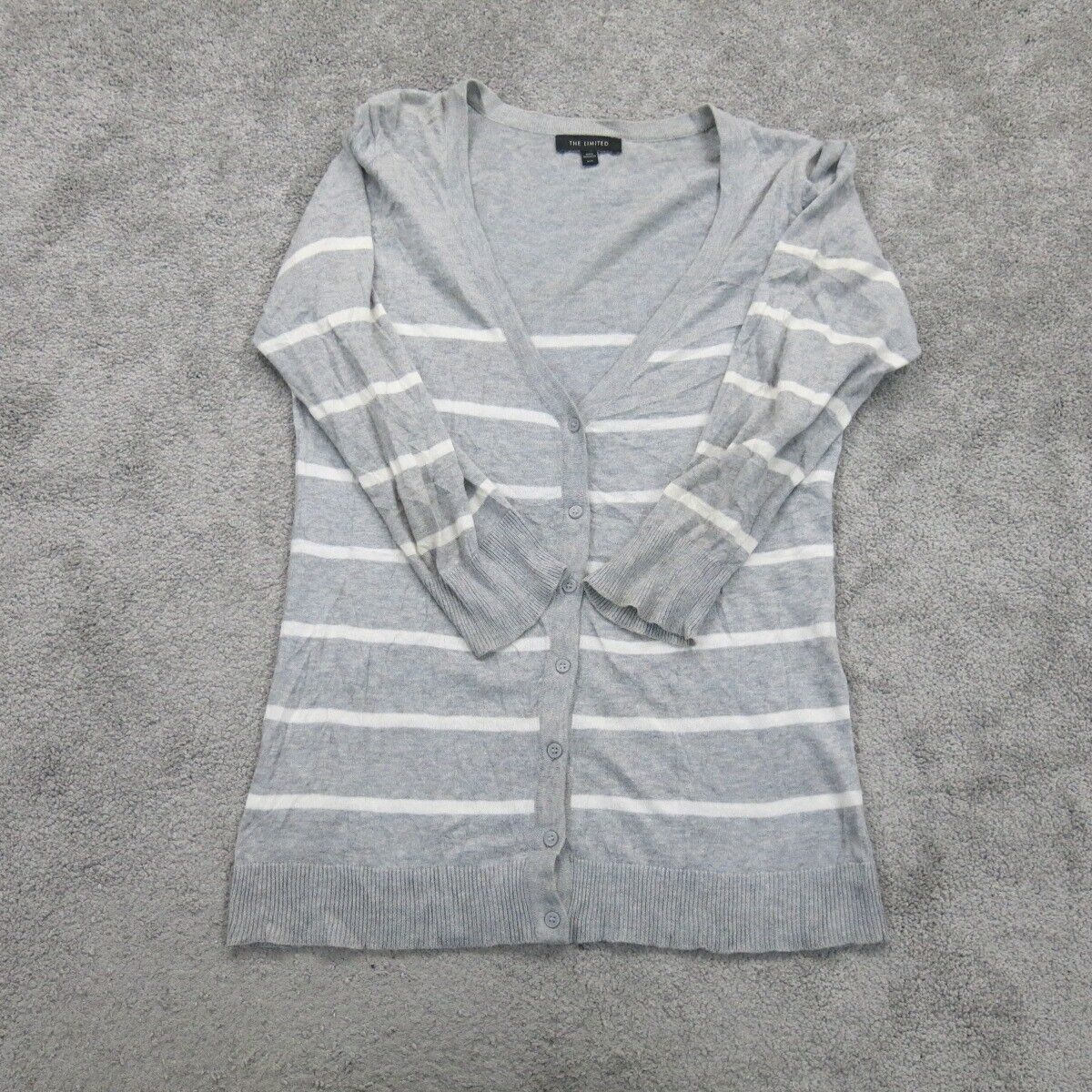 The Limited Womens Cardigan Sweater Stretch 3/4 Sleeves Striped Gray Size Medium