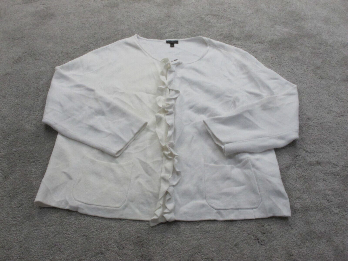 Talbots Womens Full Zip Sweater Long Sleeves Front Ruffle Round Neck White SZ XL