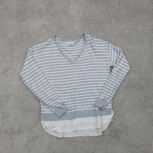 Lucky Brand Womens Sweater Knitted Striped Pullover Long Sleeves Gray White SZ M