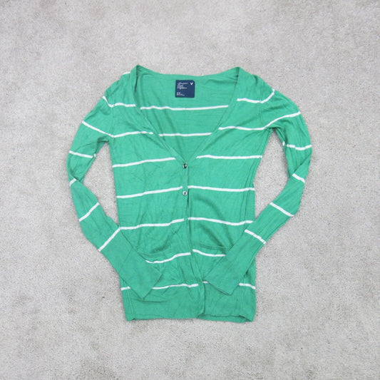 American Eagle Womens Cardigan Sweater Front Button Green White Size Medium