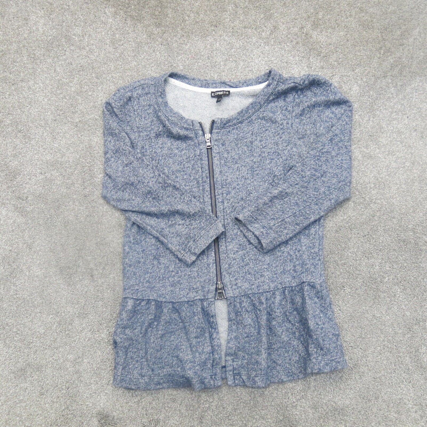 Express Womens Full Zip Sweater Peplum Hem Long Sleeves Knitted Heather Blue S/P