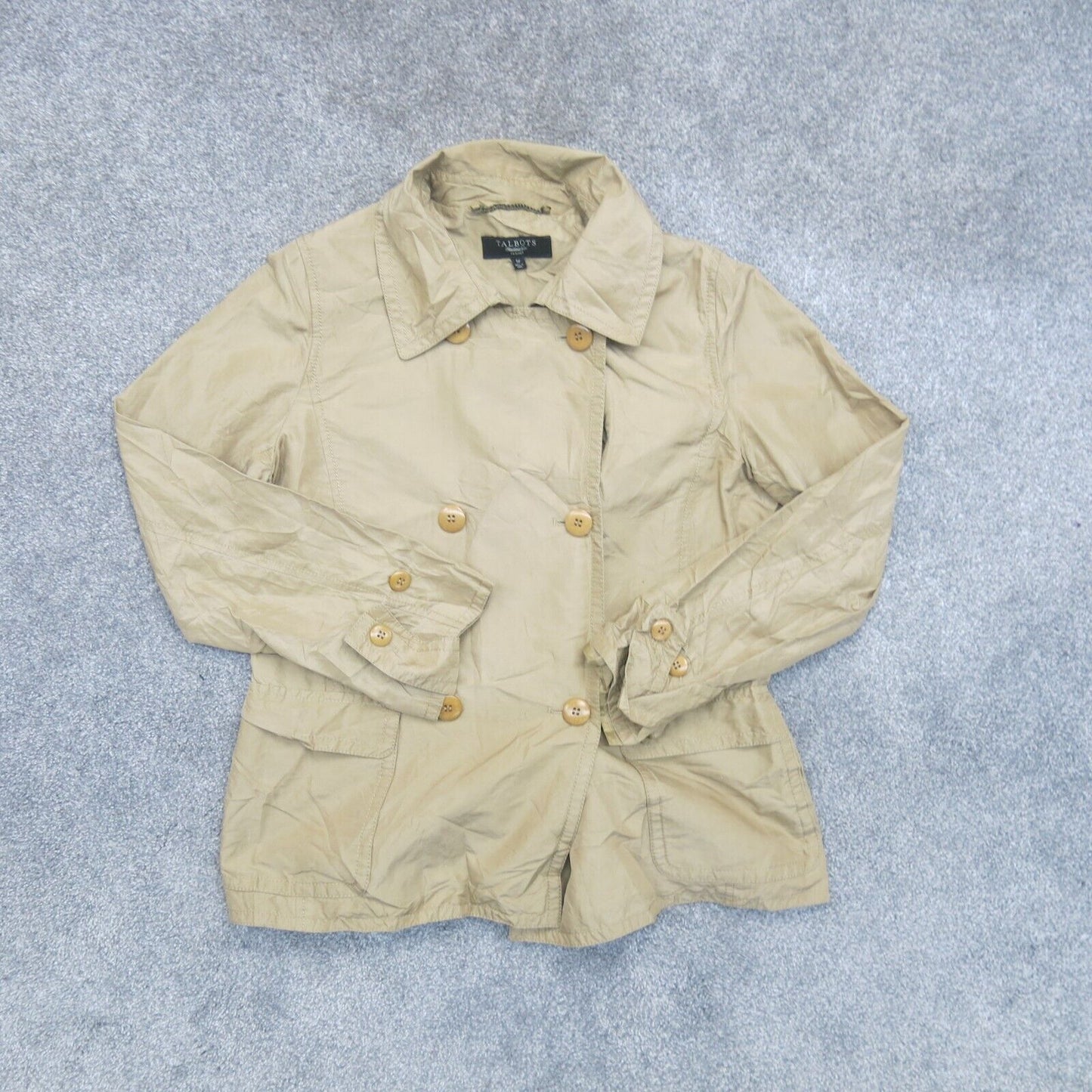 Talbots Womens Blazer Coat Double Breasted Long Sleeves Pockets Khaki Size 6P