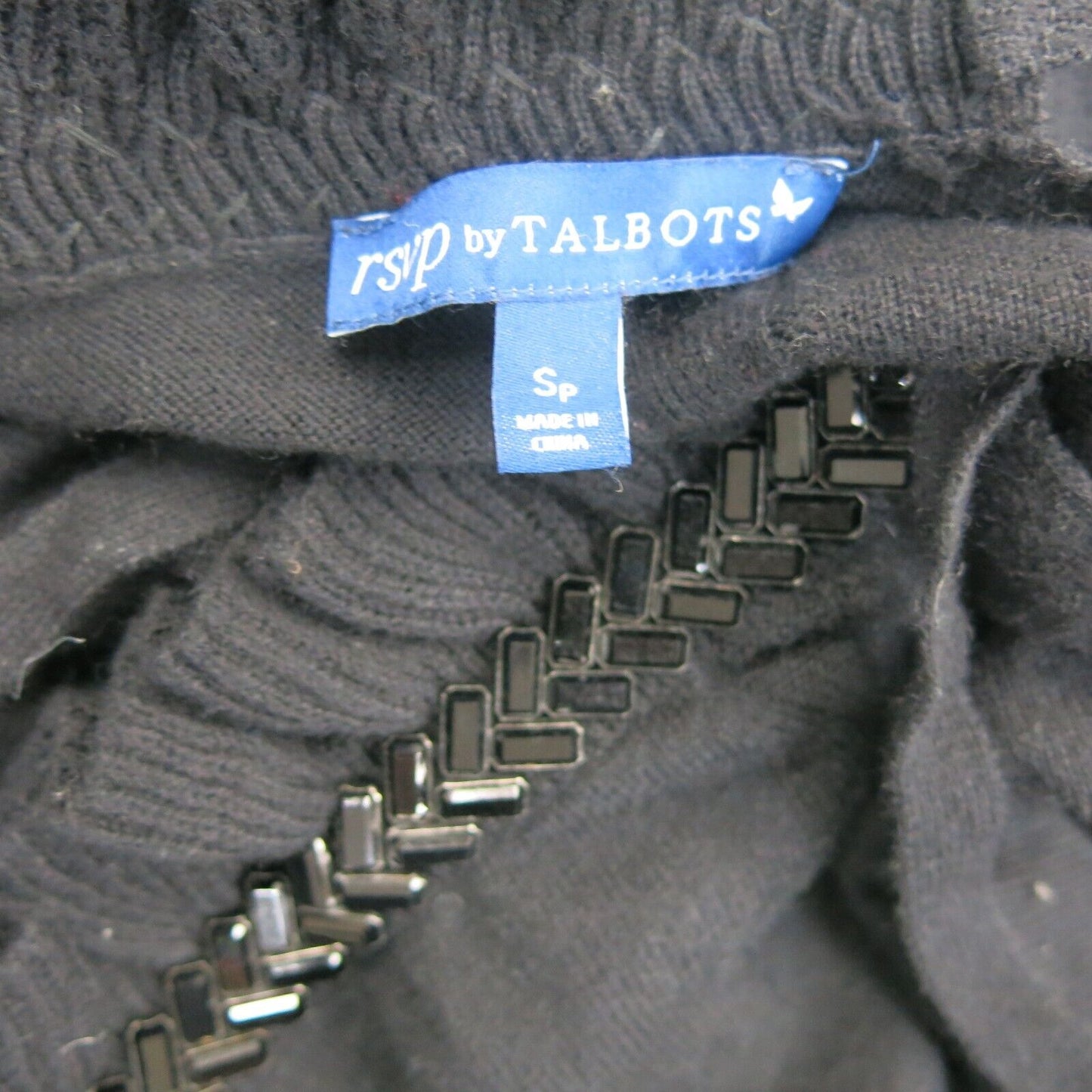 Talbots Womens Pullover Knitted Sweater Long Sleeve Ruffle Round Neck Black SZ S