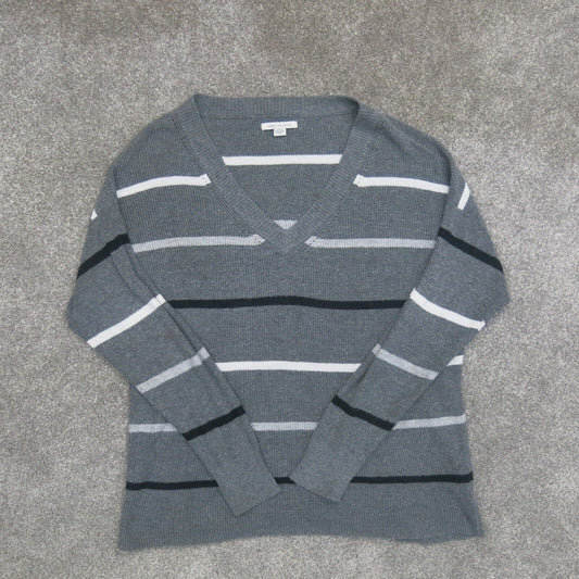 American Eagle Women Sweater Pullover Striped V Neck Long Sleeve Gray White SZ M