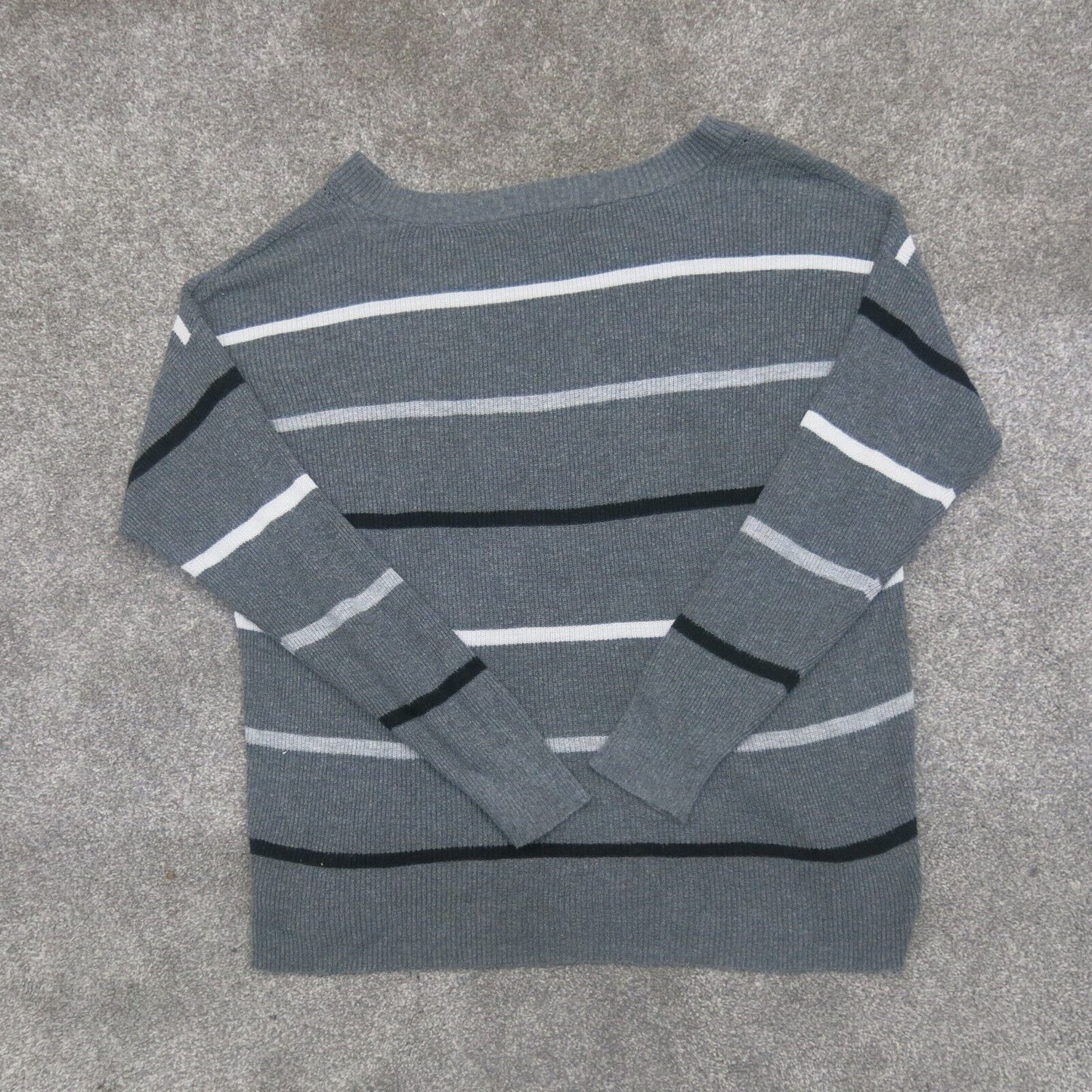 American Eagle Women Sweater Pullover Striped V Neck Long Sleeve Gray White SZ M