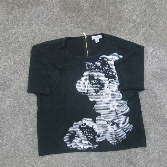 Calvin Klein Womens T Shirt Top Short Sleeves Floral Print Back Zip Black Size L