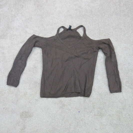 Forever 21 Womens Cold Shoulder Sweater Knitted Long Sleeves Brown Size Small