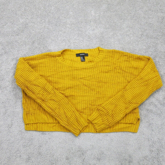 Forever 21 Womens Pullover Cropped Sweater Long Sleeve Crew Neck Yellow Medium