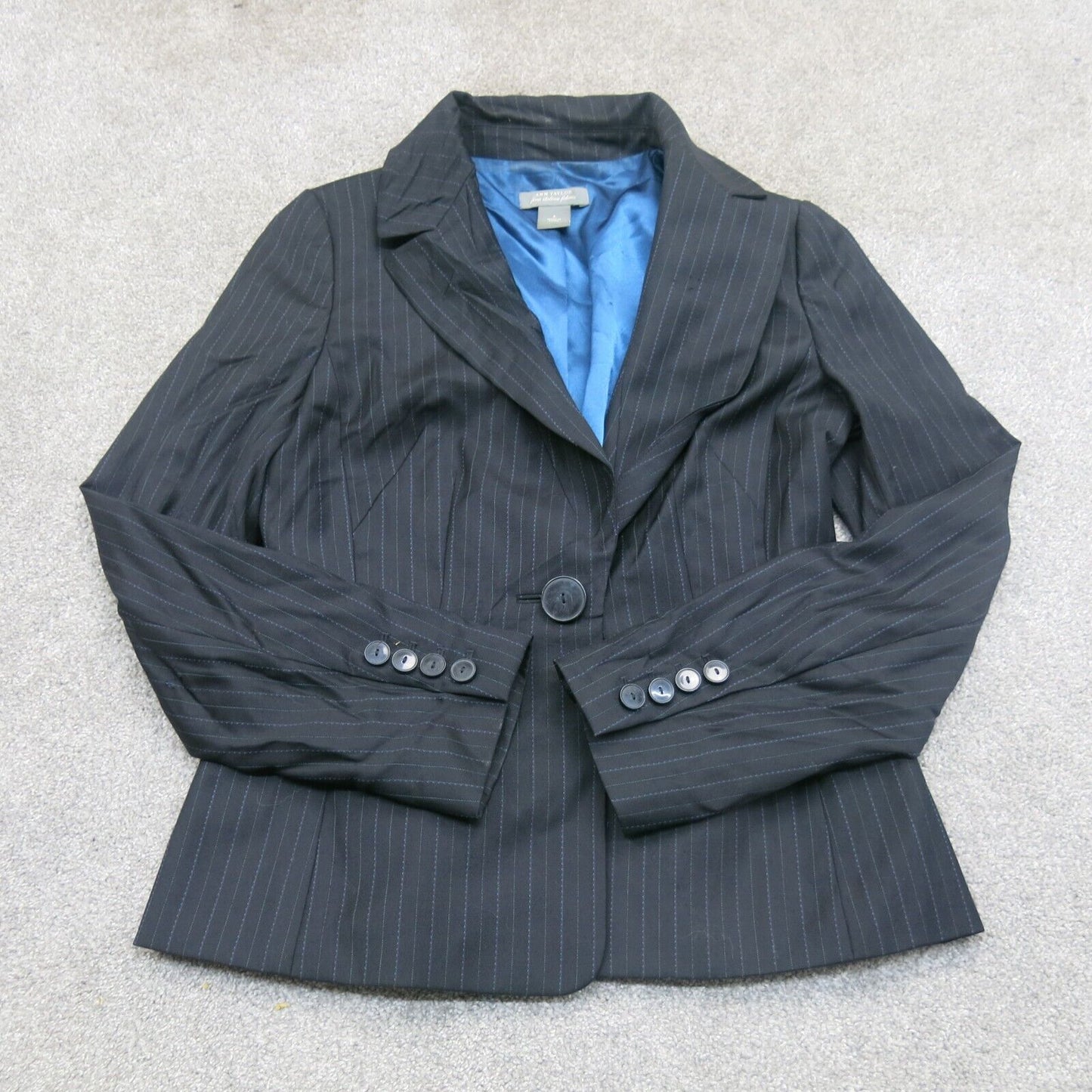 Ann Taylor Womens Pin Striped Blazer Coat Single Breasted Long Sleeve Black SZ 4