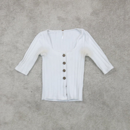 Free People Womens Cardigan Sweater Front Button 3/4 Sleeves White Size Small