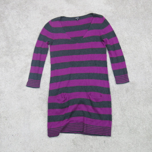 Express Womens Sweater Dress 3/4 Sleeves V Neck Striped Black Purple Size Medium