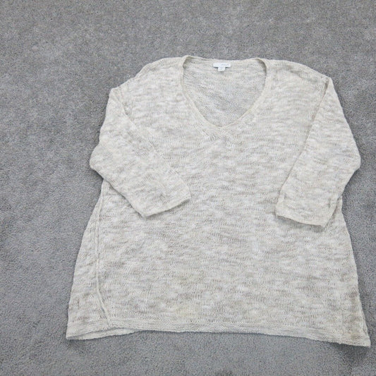 Pure J. Jill Women Pullover Knitted Sweater Elbow Sleeve V Neck Gray White SZ M