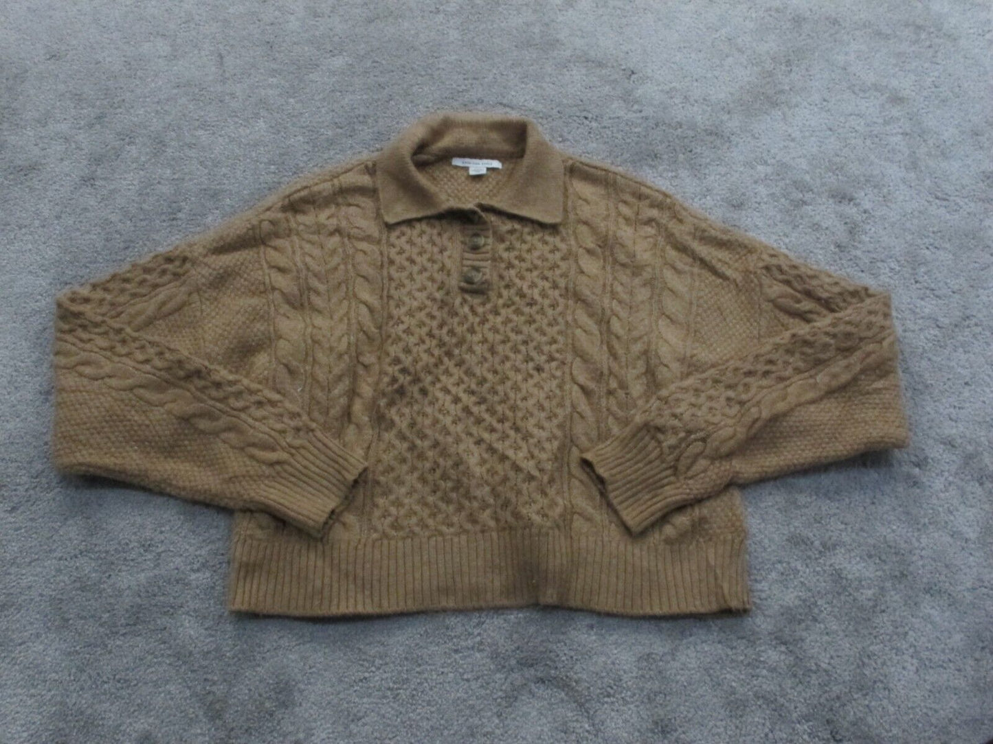 American Eagle Womens Crop Polo Sweater Knitted Long Sleeves Light Brown Size S