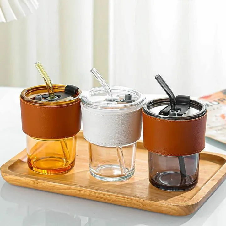 Glass Tumbler with Straw, Lid & Leather Sleeve, Leather Sleeve With Protective Leather Sleeve, Reusable Glass Coffee Tumbler