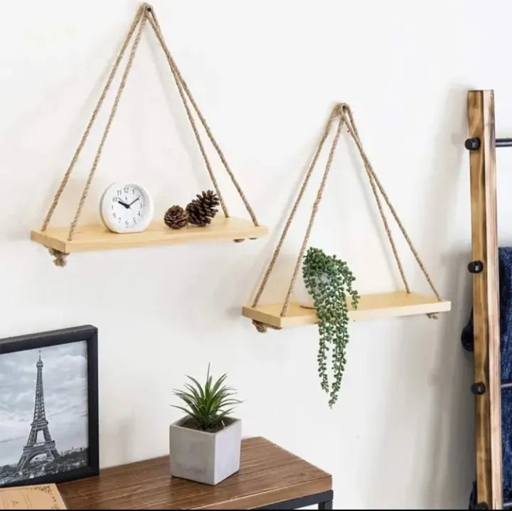 Wall Hanging shelf original wood 1 2 3 & 4 Tier Rope Hanging Shelf Wall Hanging Shelf, , Decorative piece