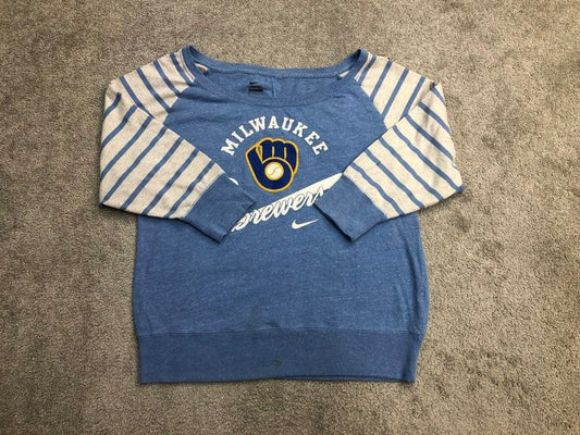 Nike Sweatshirt Womens Medium Blue Graphic Striped Sleeve Pullover Sweater